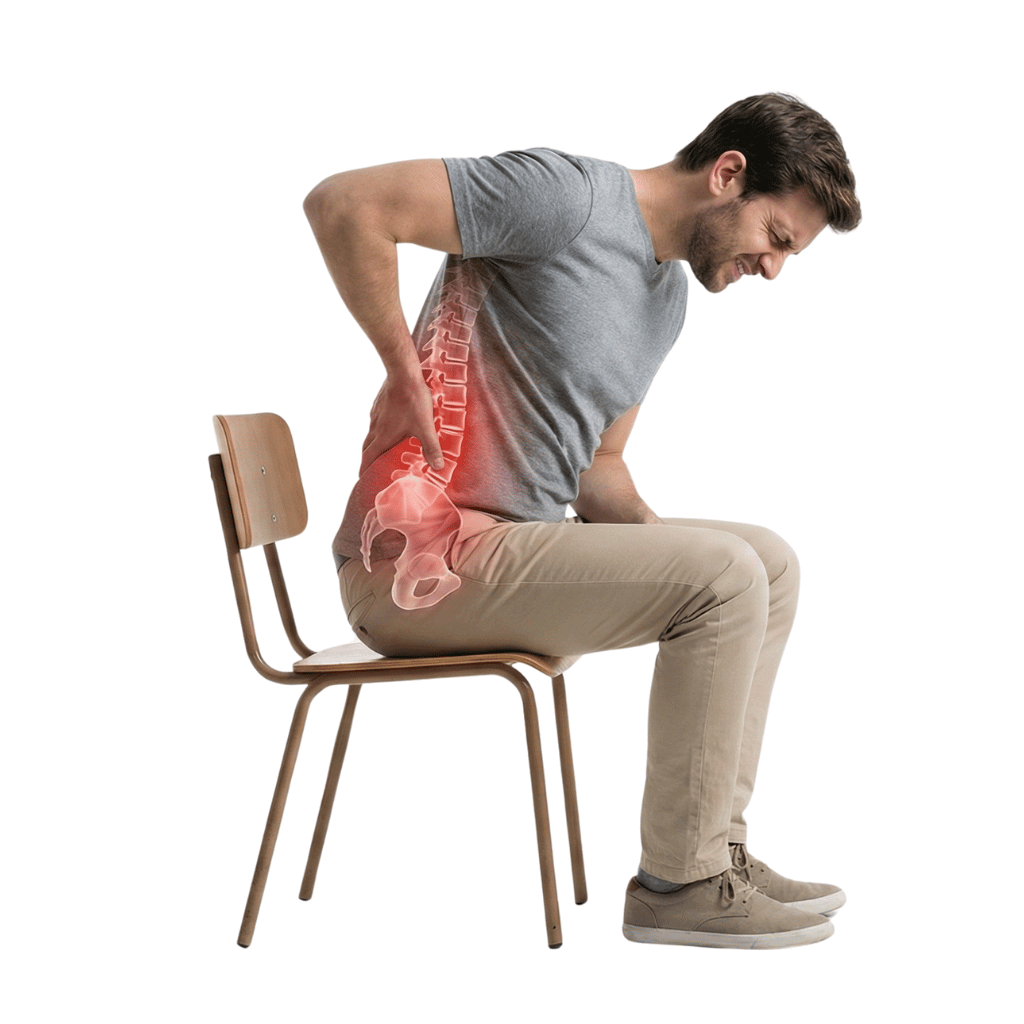 Person sitzt auf holzstuhl und hat rückenschmerzen, da dies keine rückenschonender Sitzposition ist auf dem Holzstuhl