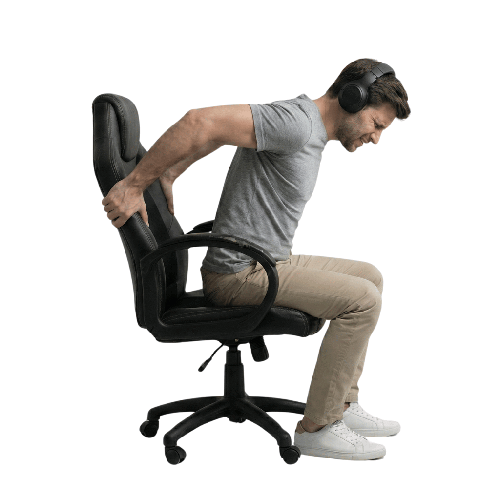 Ein Mann versucht, einen Gaming Stuhl einzustellen, muss aber merken. Es funktioniert nicht. Sein Stuhl ist zur Zeit nicht einstellbar, deswegen brauche ich den Gamechanger.